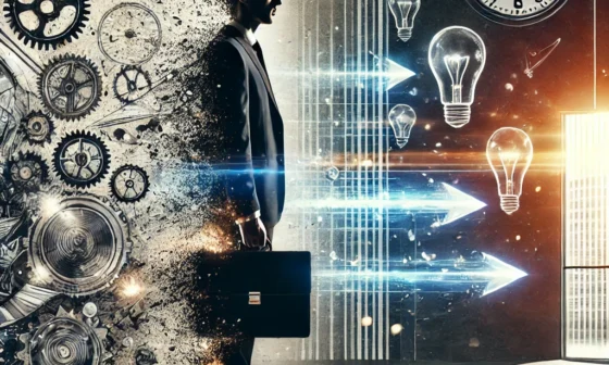 DALL·E 2024 10 06 22.45.00 A dynamic visually striking image of a professional in a corporate office with an abstract blend of sharp contrasts—light and dark—showing the trans